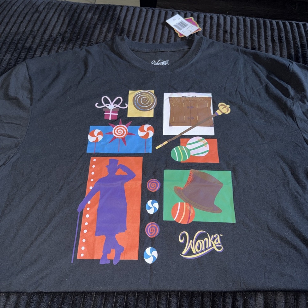Wonka Movie Graphic T-Shirt Mens XXL Black Willy Wonka Candy Collage New NWT